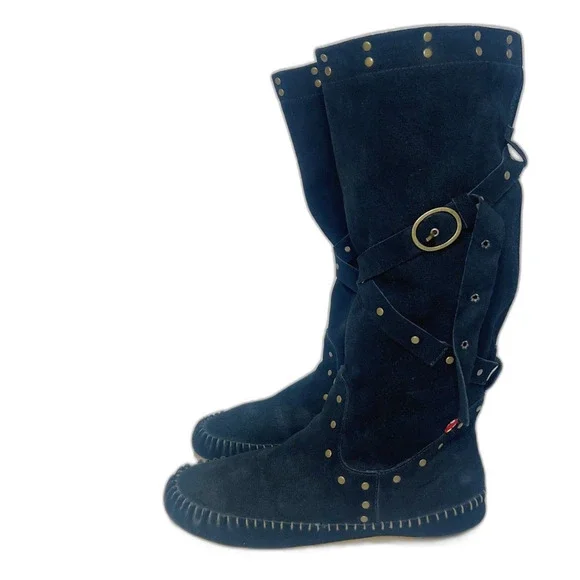 BC Footwear Women's Straight A's Black Suede Moccasin Boots Studded Size 9 - Picture 2 of 12